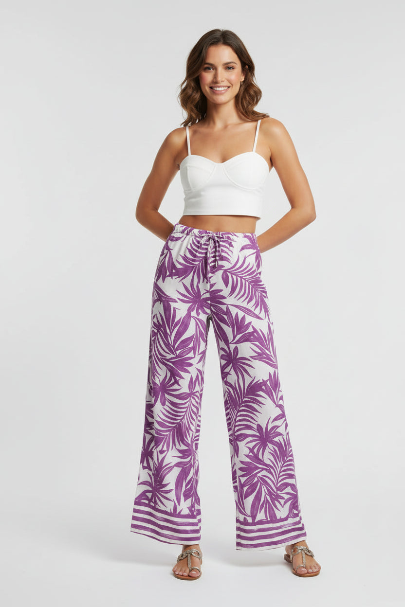 Wide Leg Palm Print Viscose Trousers
