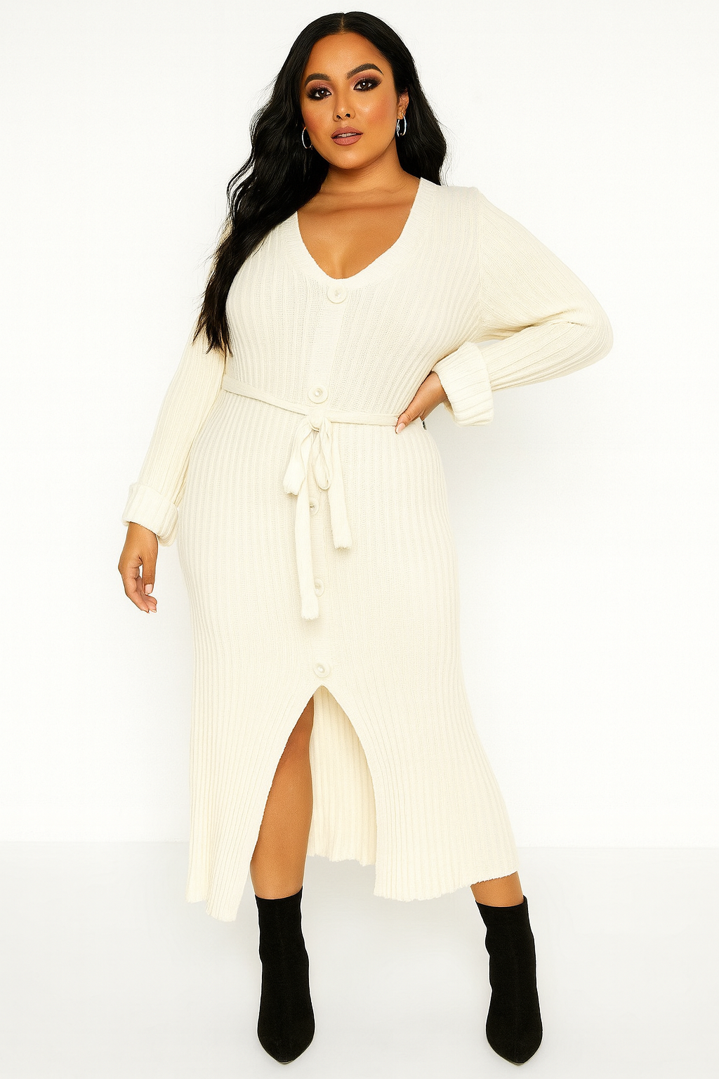 Waist Tie Button Detail Midi Knitted Dress