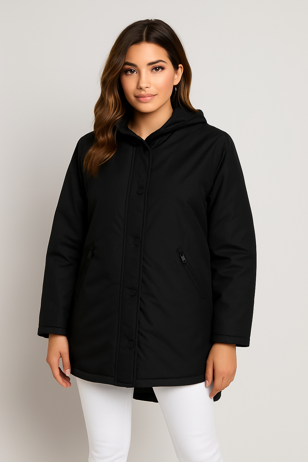 Zip And Snap Closure Relaxed Fit Hooded Midi Puffer Jacket