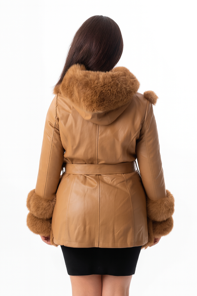 Faux Fur Trim And Vegan Leather Hooded Belted Fleeced Lining Jacket