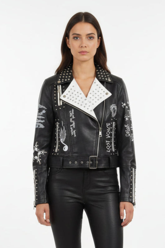 Stud Embellished Belted Leather Look Printed Biker Jacket
