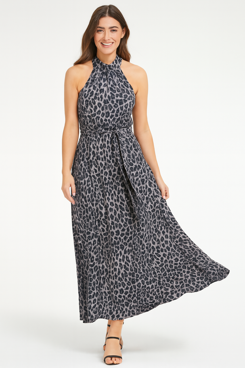 Chocker Neck Tie Up Leopard Print A-Line Dress