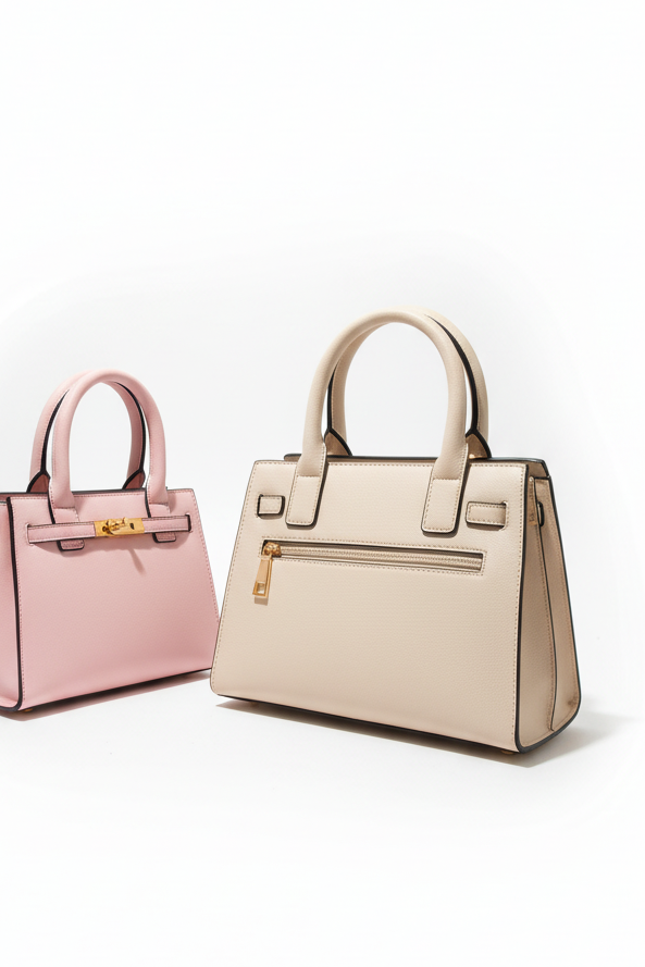 Two handbags, one pink and one beige, on a white background