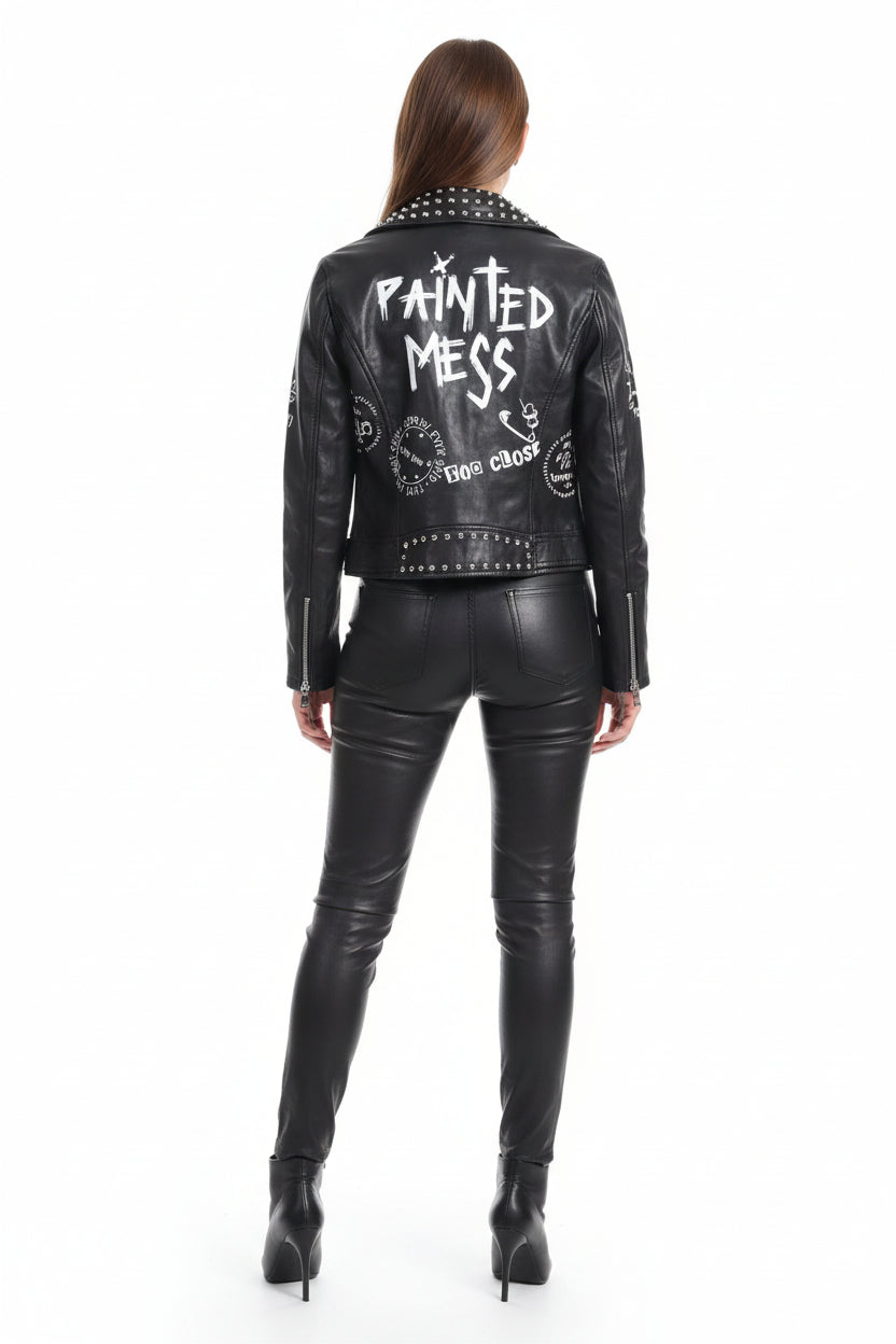 Stud Embellished Belted Leather Look Printed Biker Jacket