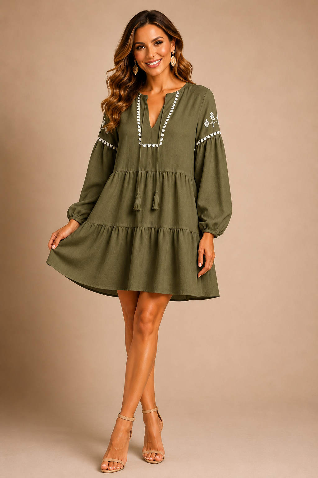Viscose Blend Long Sleeve Embroidered Flowy Short Dress