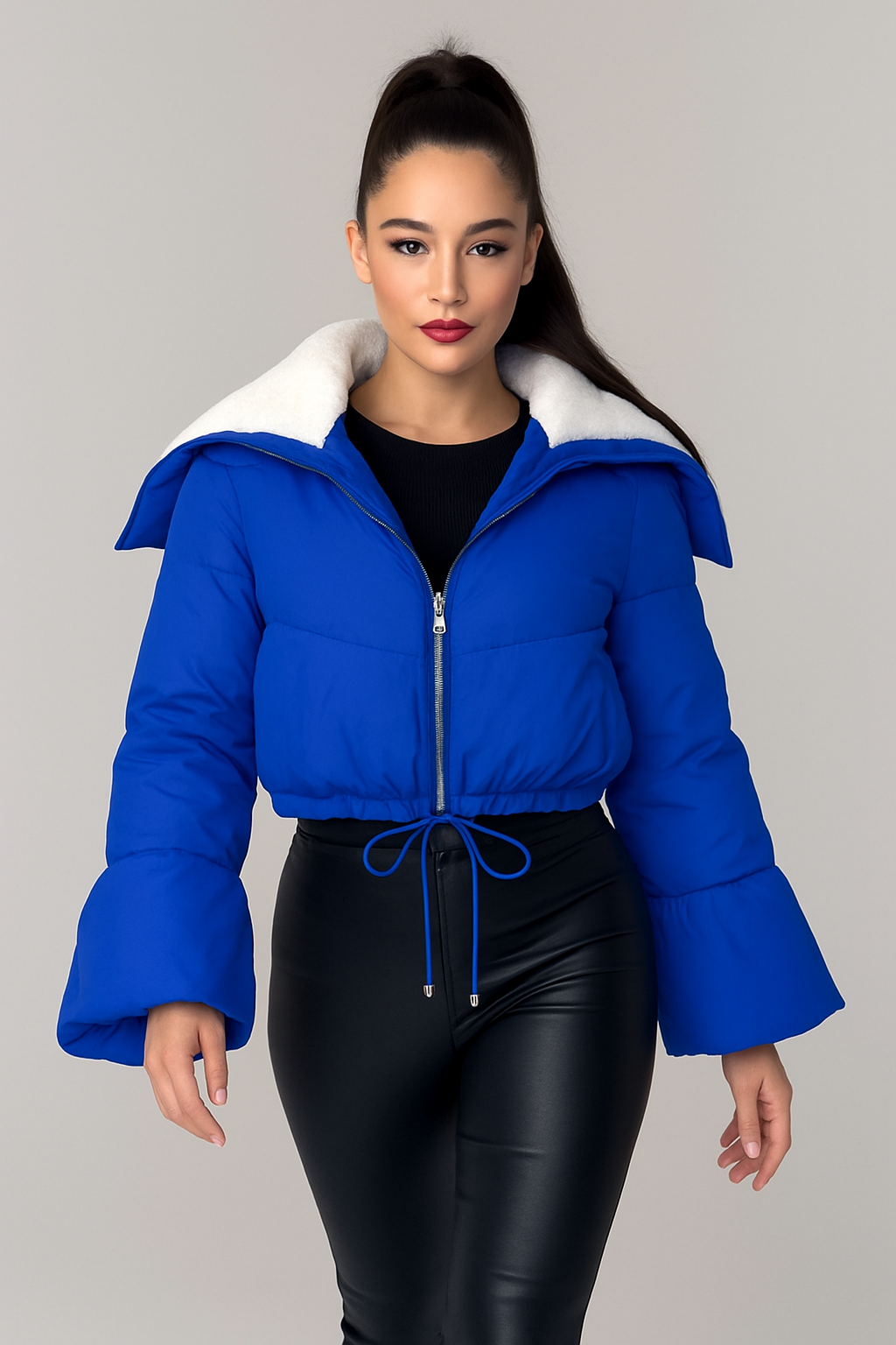 Borg Trim Bell Sleeve Cropped Spring Puffer Jacket
