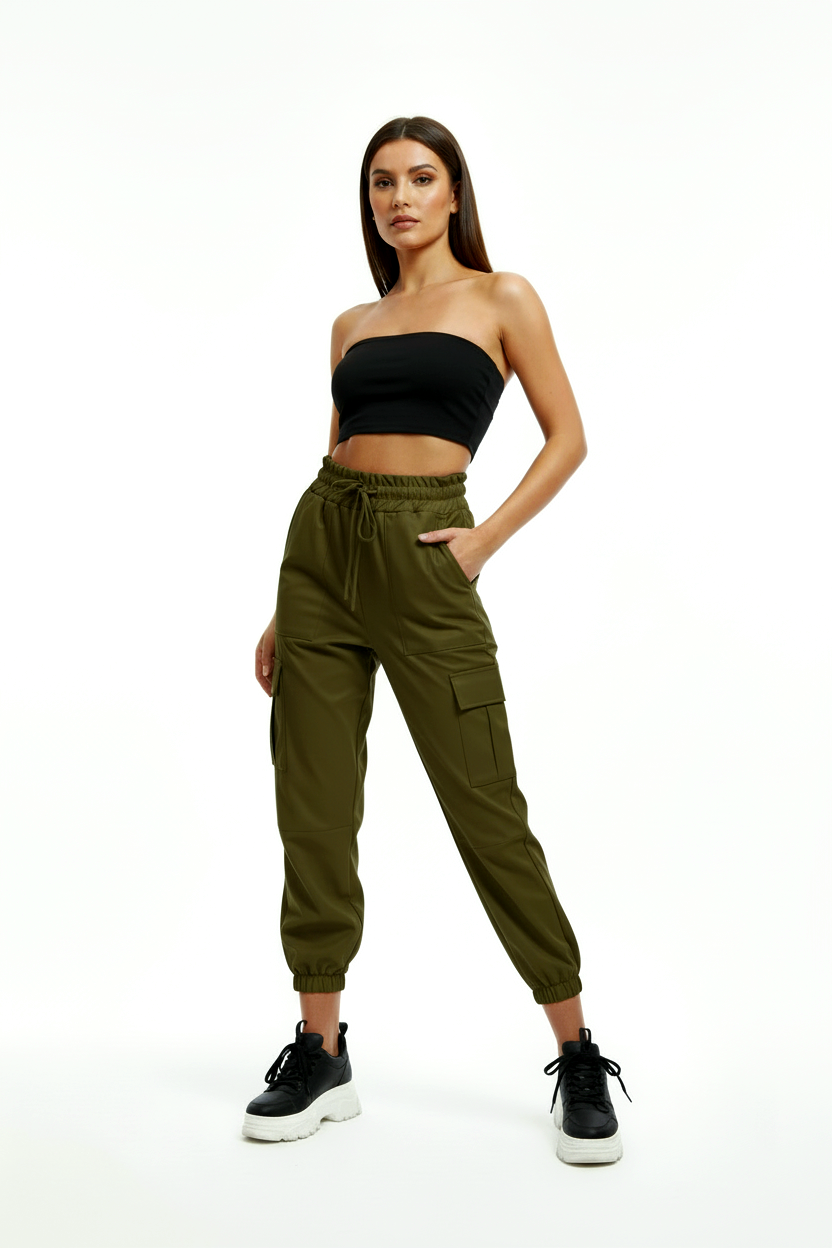 High Rise Vegan Leather Drawstring Joggers