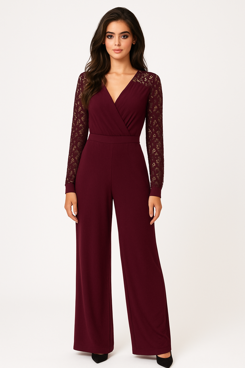 Lace Contrast Low Cut Long Sleeve Flowy Wide Leg Jumpsuit