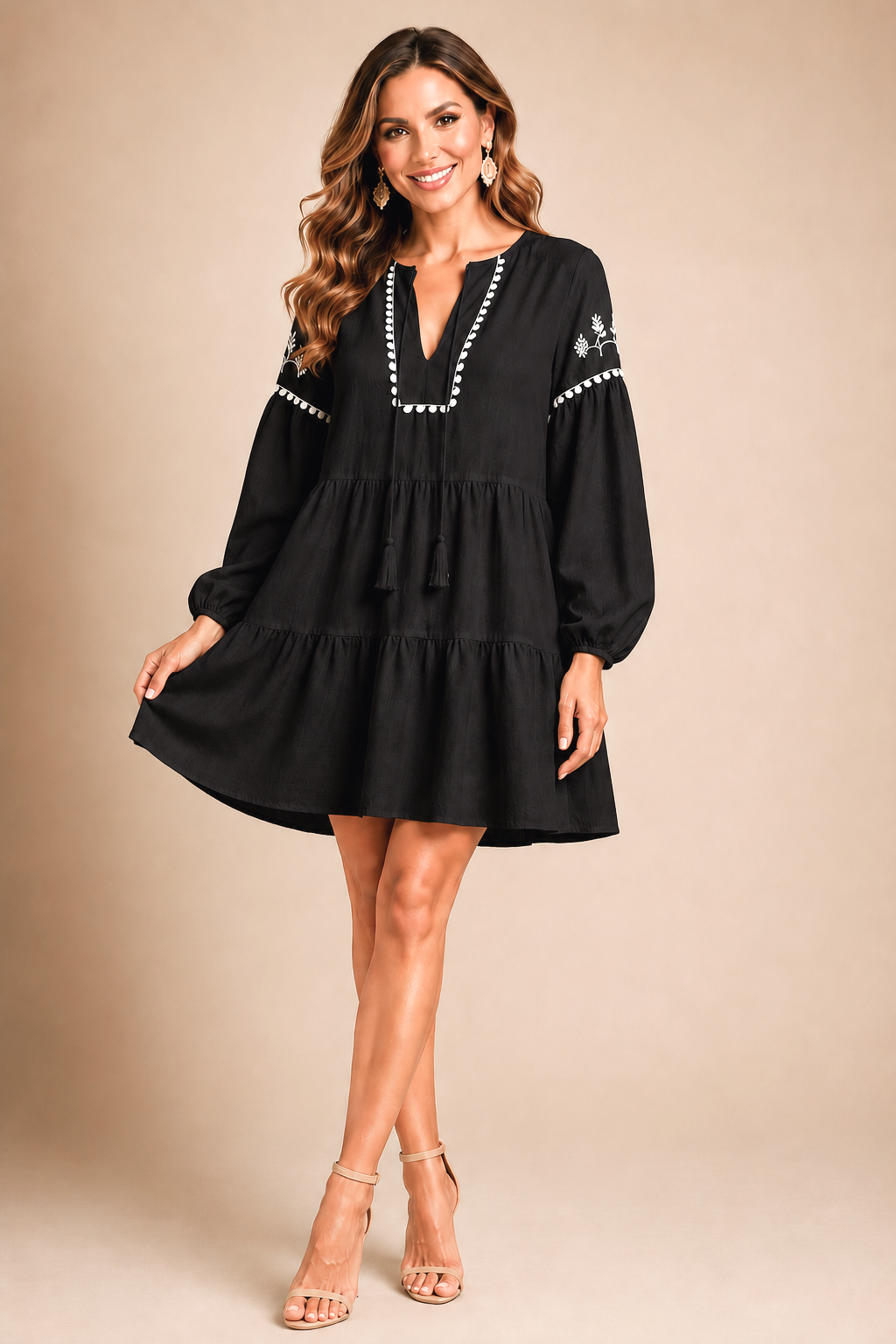 Wholesale Women's Viscose Blend Long Sleeve Embroidered Flowy Short Dress (PACK OF 6)
