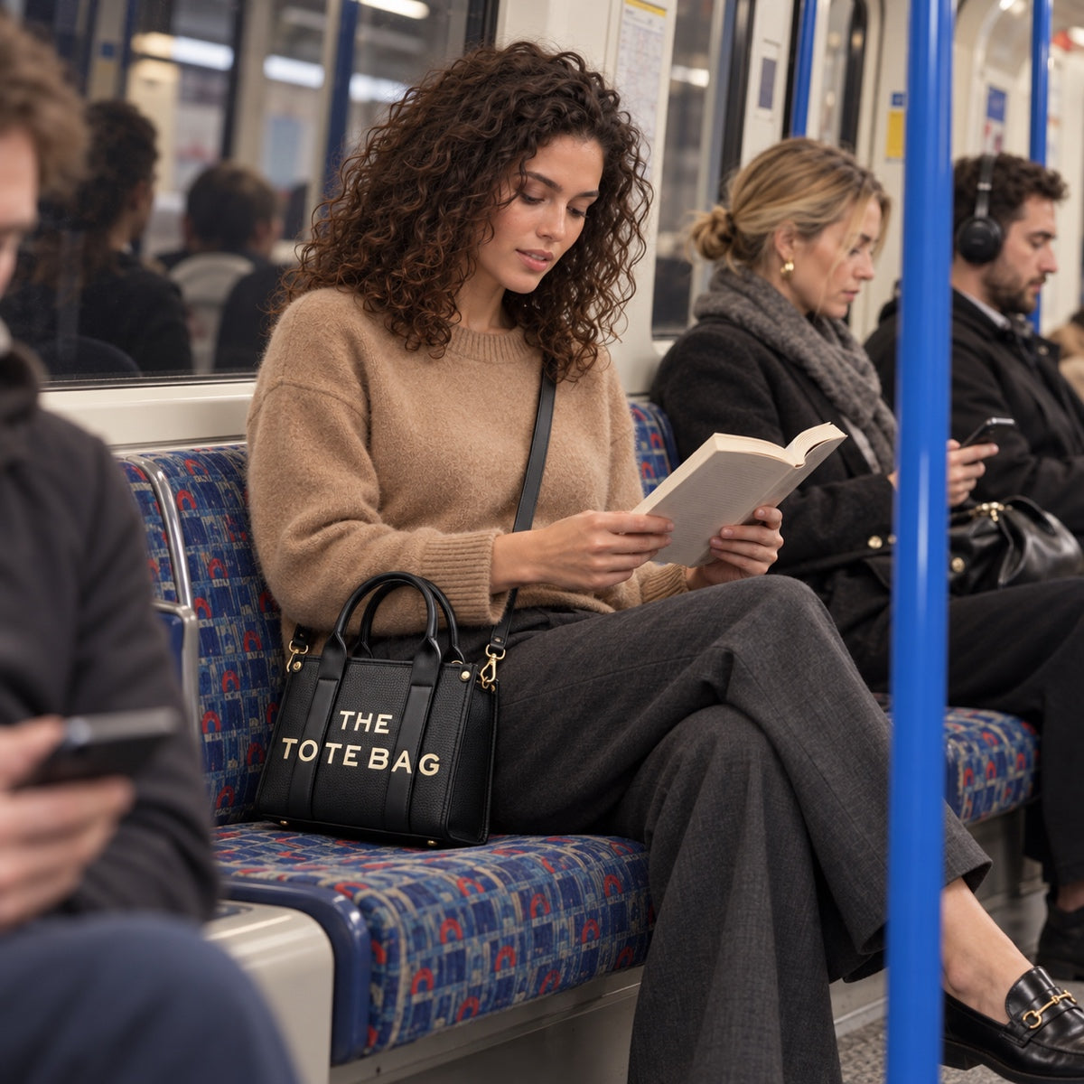 Woman with a black tote bag on the London Underground. Shop SinglePrice fashion from £10 to £25.