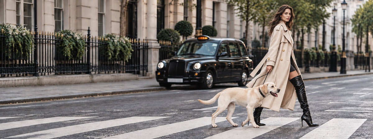 Woman in a beige trench coat and black over-the-knee boots with a Labrador by a London black cab, SinglePrice