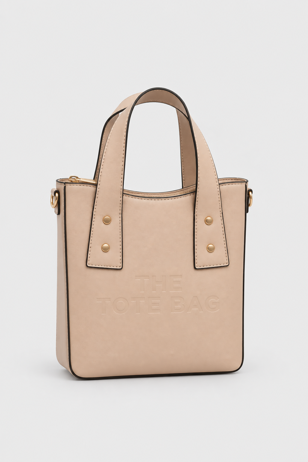 Apricot beige structured PU tote bag with gold-tone hardware, front view