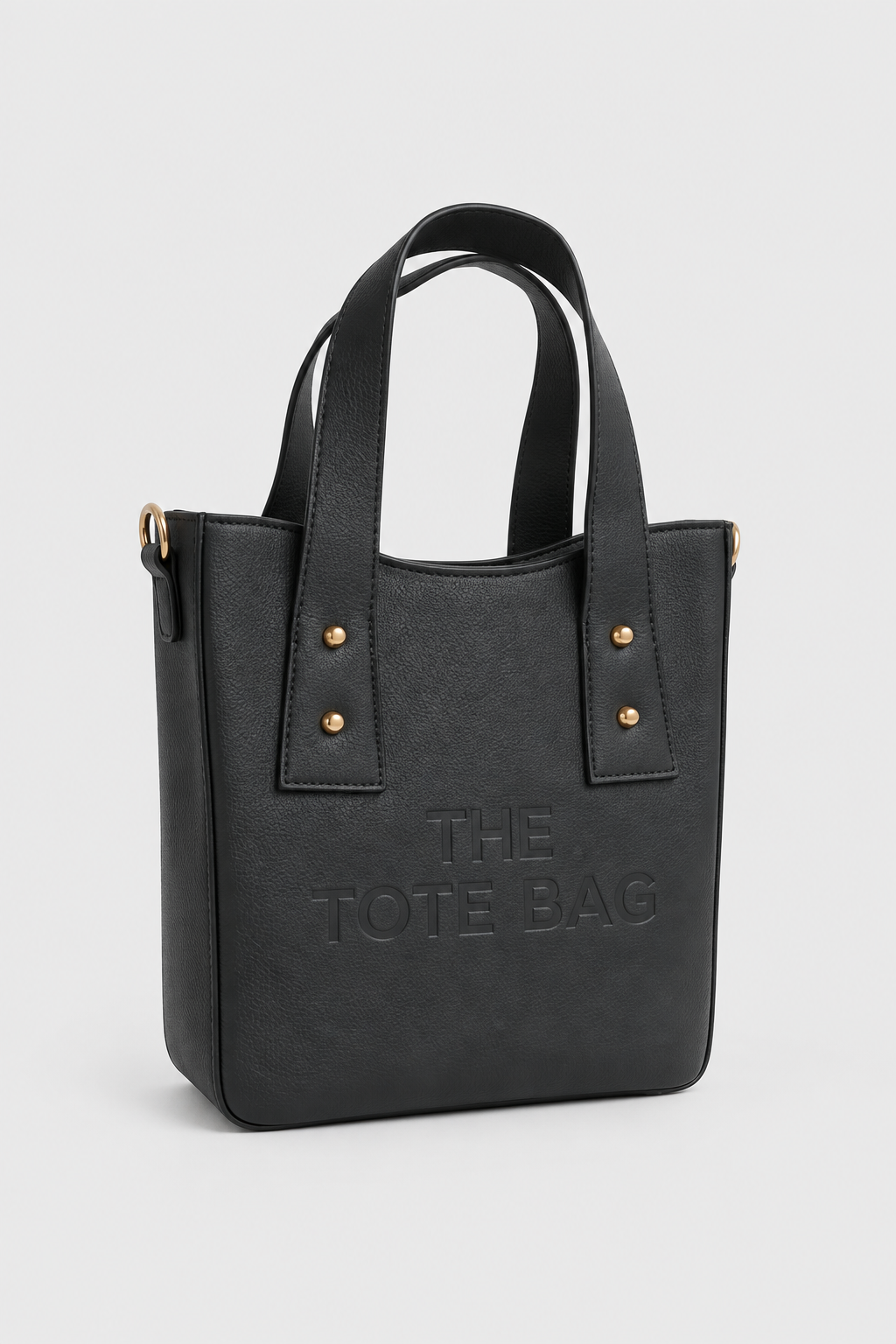 Black structured PU tote bag with twin handles and gold-tone hardware, front view