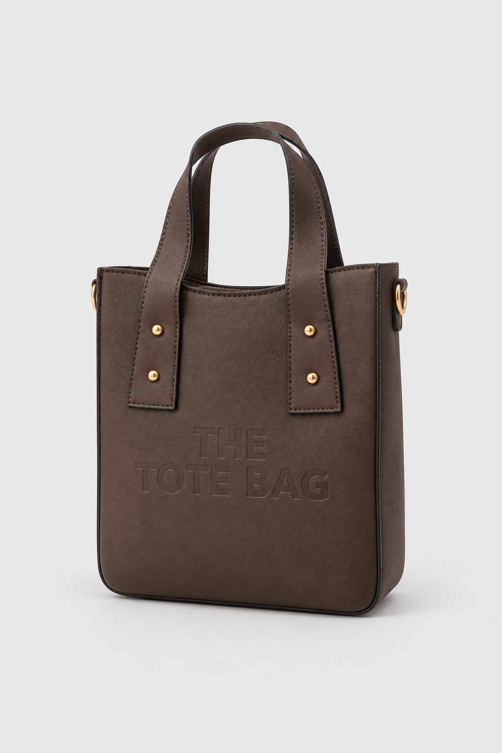 Coffee brown structured PU tote bag with embossed front design