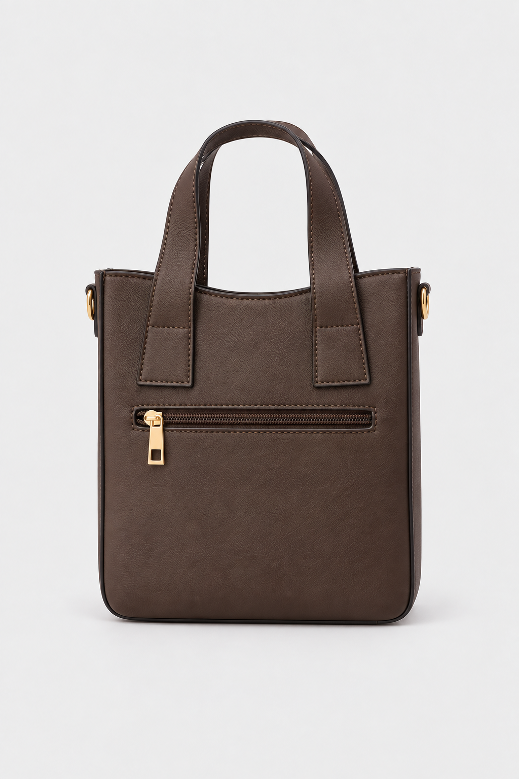 Coffee brown PU tote bag showing rear zipped pocket