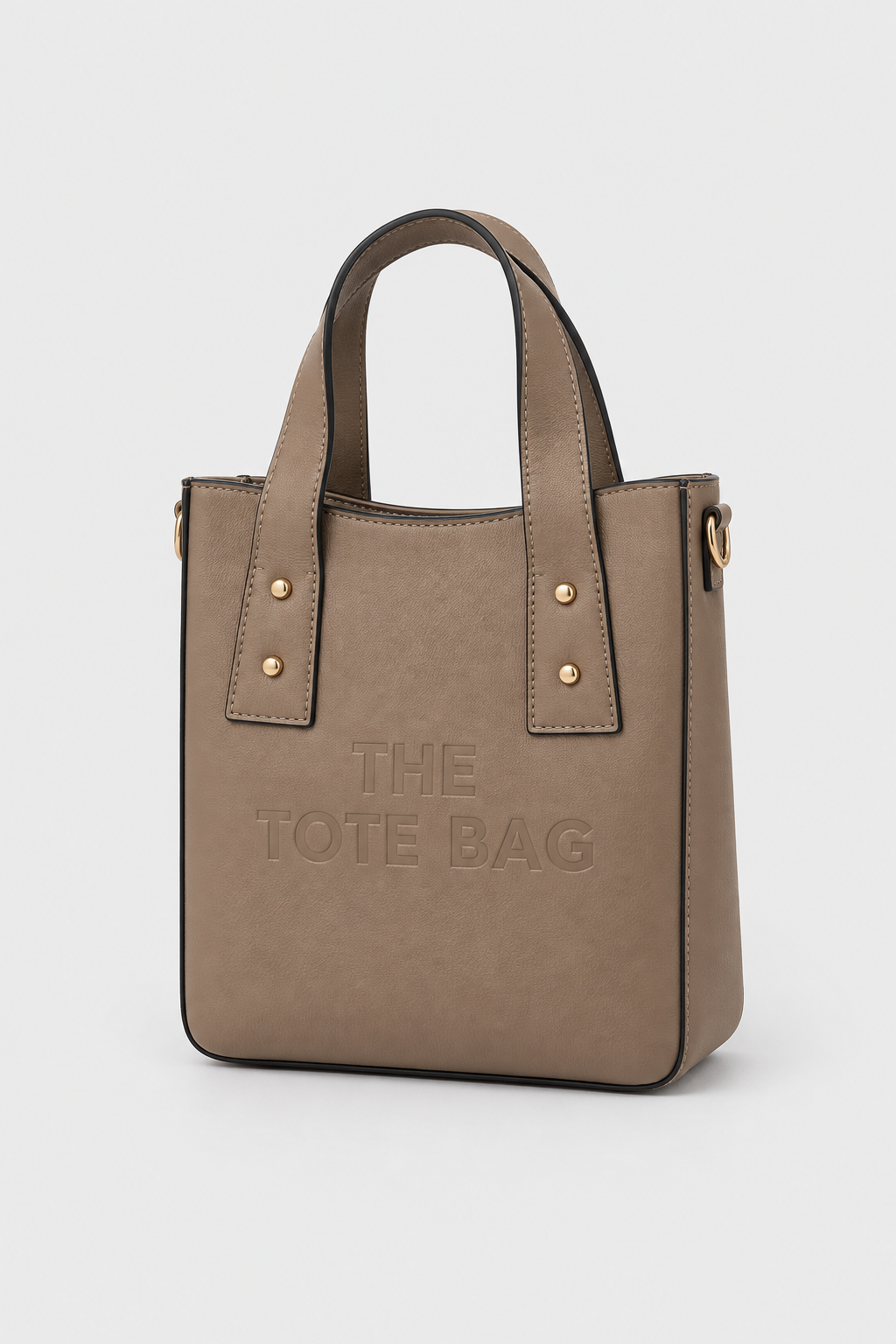 Khaki taupe structured PU tote bag with embossed front design
