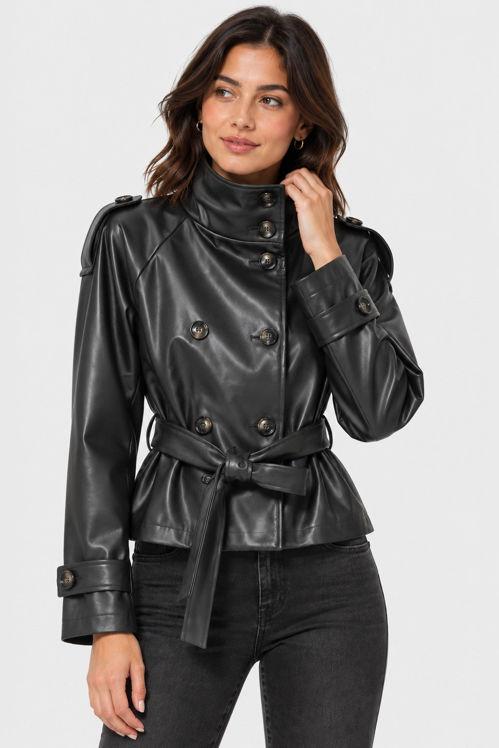 Vegan Leather Belted Cropped Trench Jacket - BLACK