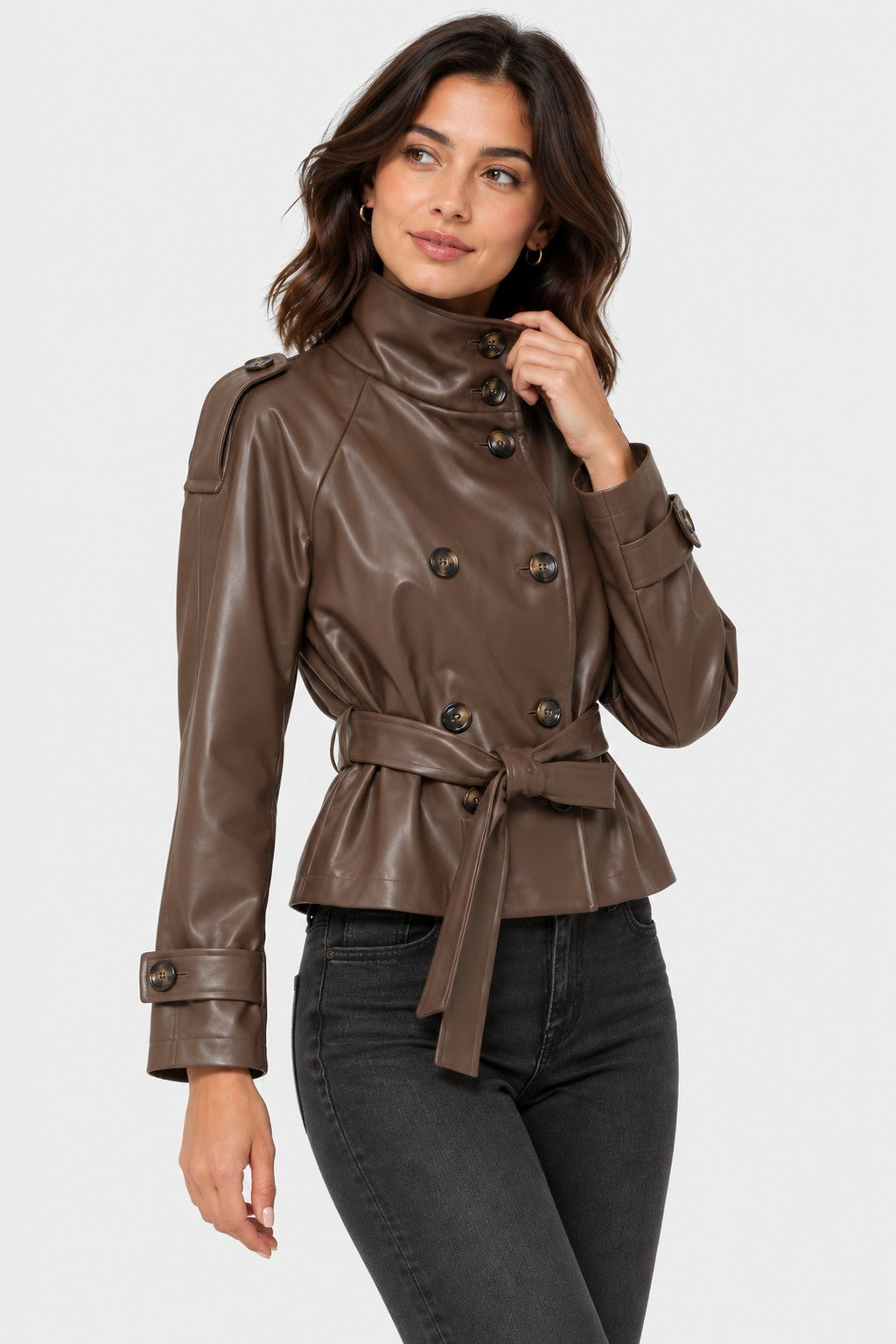 Vegan Leather Belted Cropped Trench Jacket - BROWN