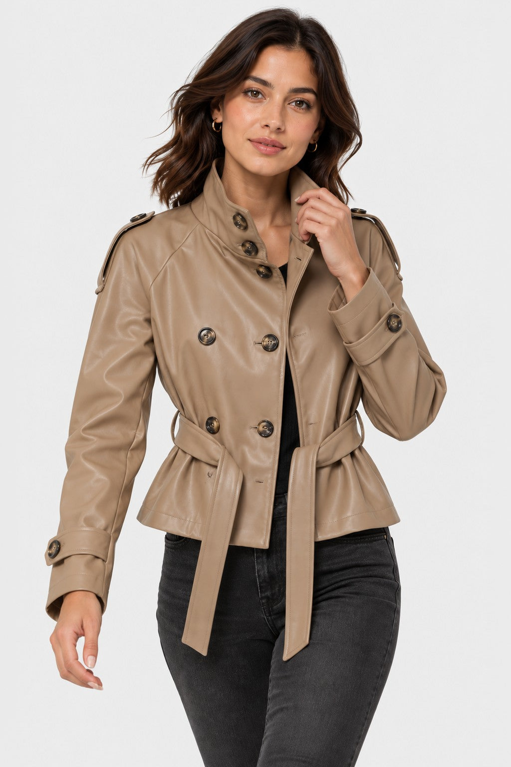 Vegan Leather Belted Cropped Trench Jacket - CAMEL