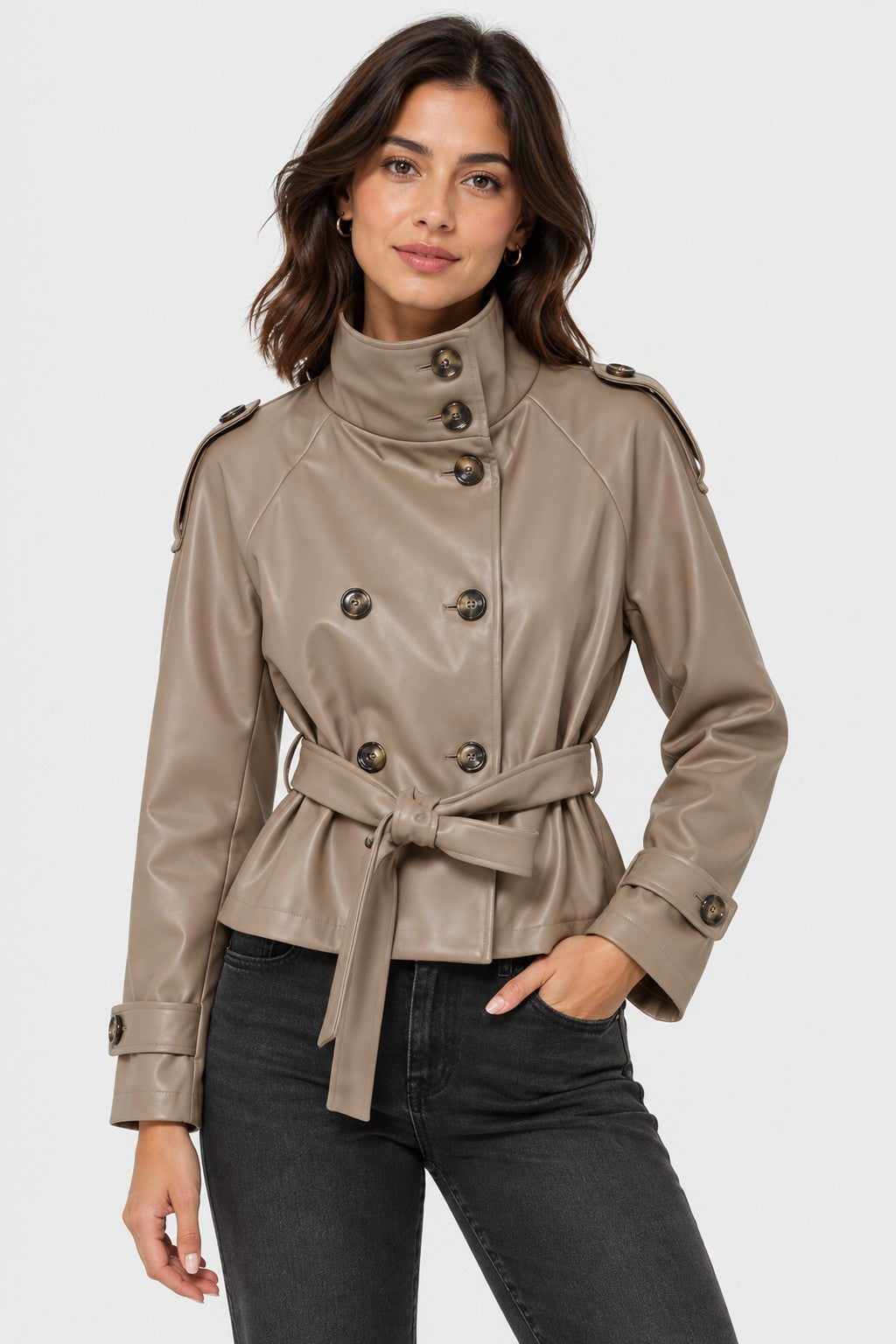 Vegan Leather Belted Cropped Trench Jacket - TAUPE
