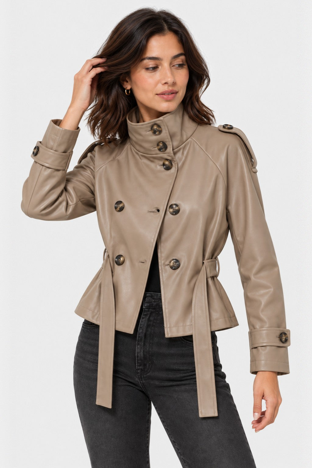 Vegan Leather Belted Cropped Trench Jacket - TAUPE