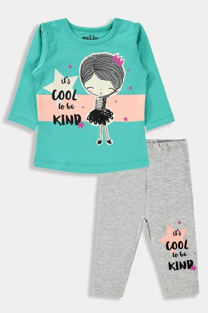 Dark Mint And Grey Slogan Baby Girl Set-SinglePrice