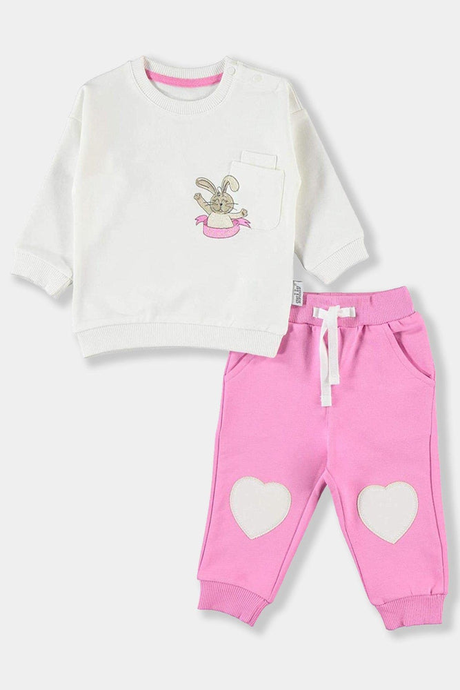 Heart Patch Detail White Pink Bunny Baby Girl Cotton Set - SinglePrice