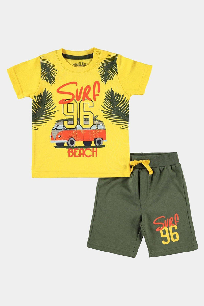 100% Cotton Yellow Surf Print Top Khaki Shorts Baby Boy Set - SinglePrice