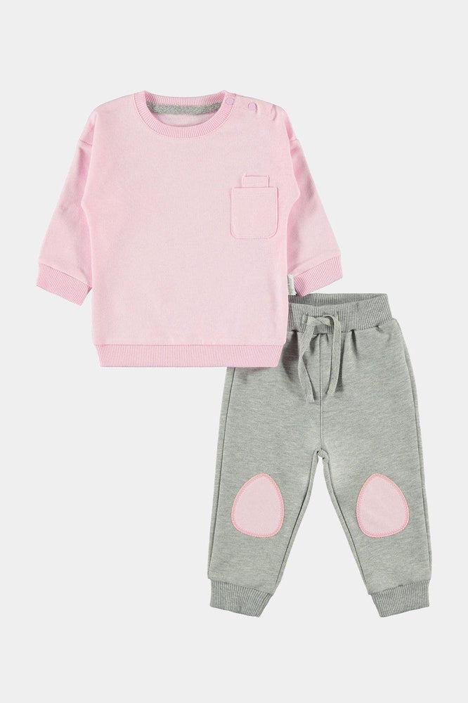 100% Cotton Patch Detail Light Pink And Grey Baby Girl Set-SinglePrice