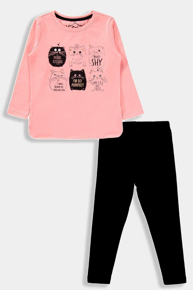 Light Pink Multi Cat Print Baby Girl Set - SinglePrice
