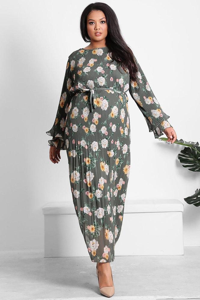 Floral Print Pleated Front Waist Tie Modest Dress-SinglePrice