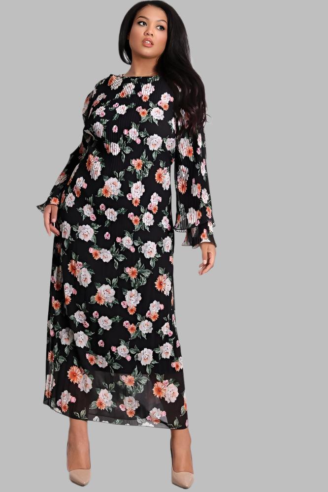 Floral Print Pleated Front Waist Tie Modest Dress-SinglePrice