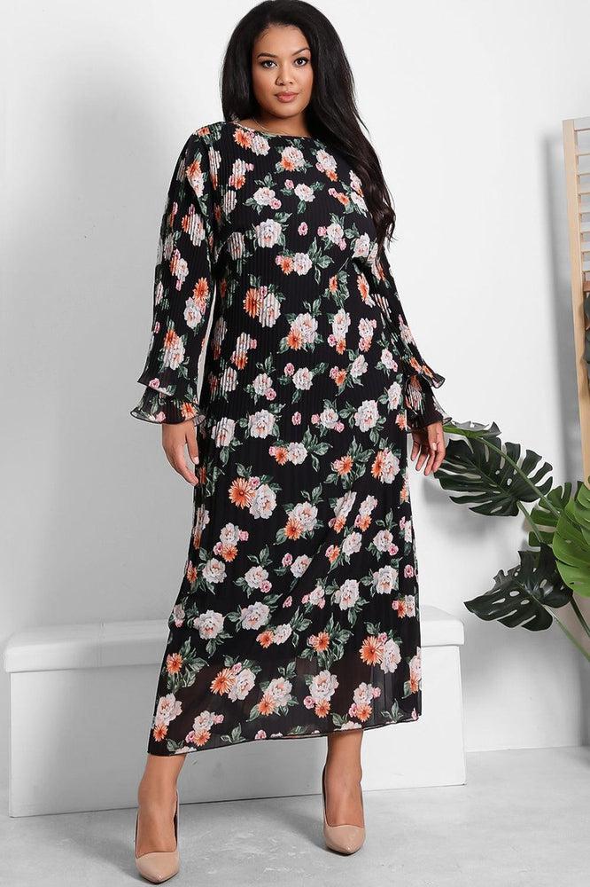 Floral Print Pleated Front Waist Tie Modest Dress-SinglePrice