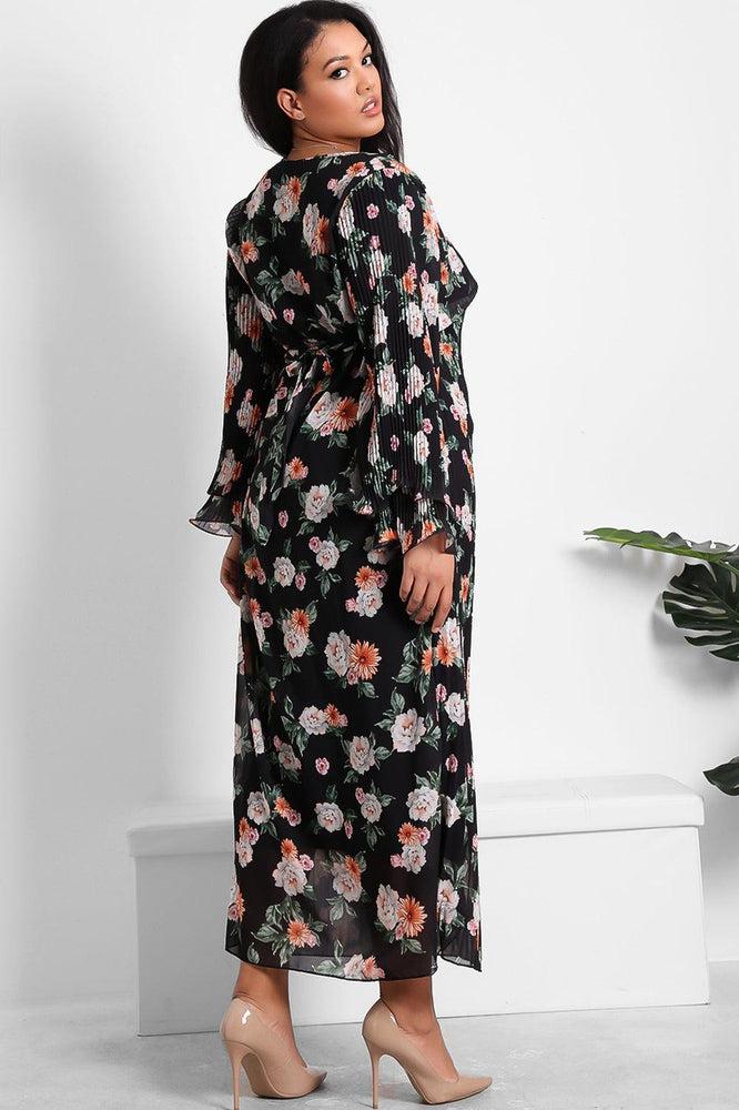 Floral Print Pleated Front Waist Tie Modest Dress-SinglePrice