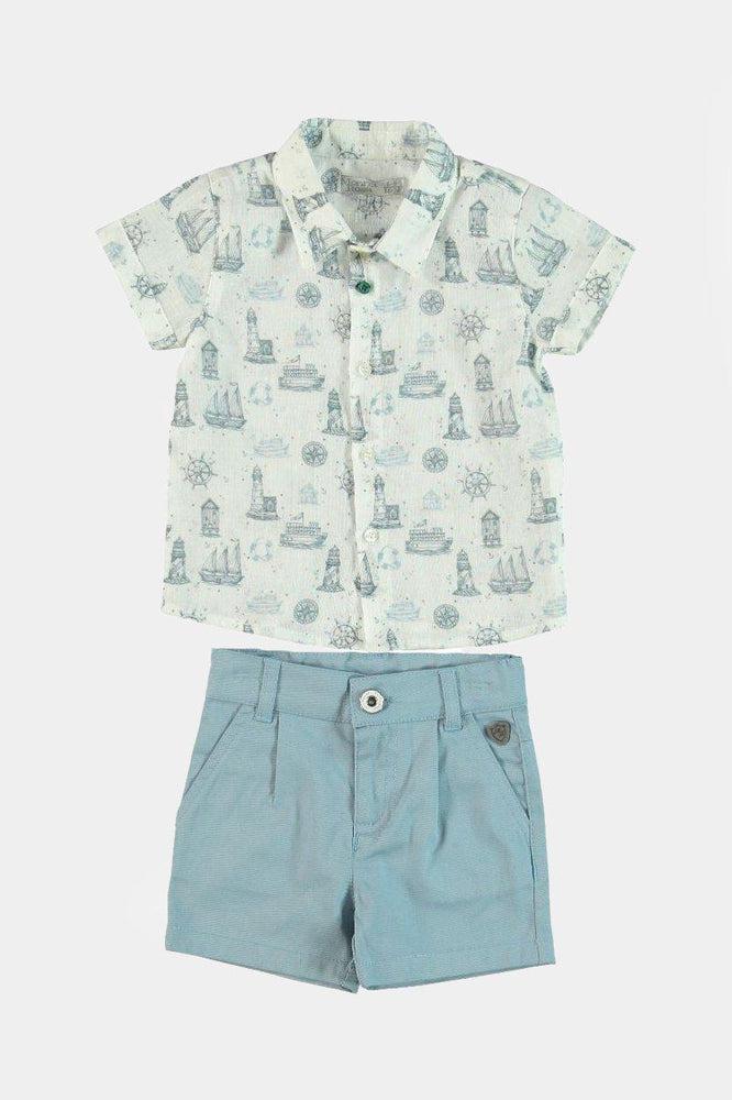 100% Cotton with Elastane Nautical Print Shirt And Shorts Boys Set-SinglePrice