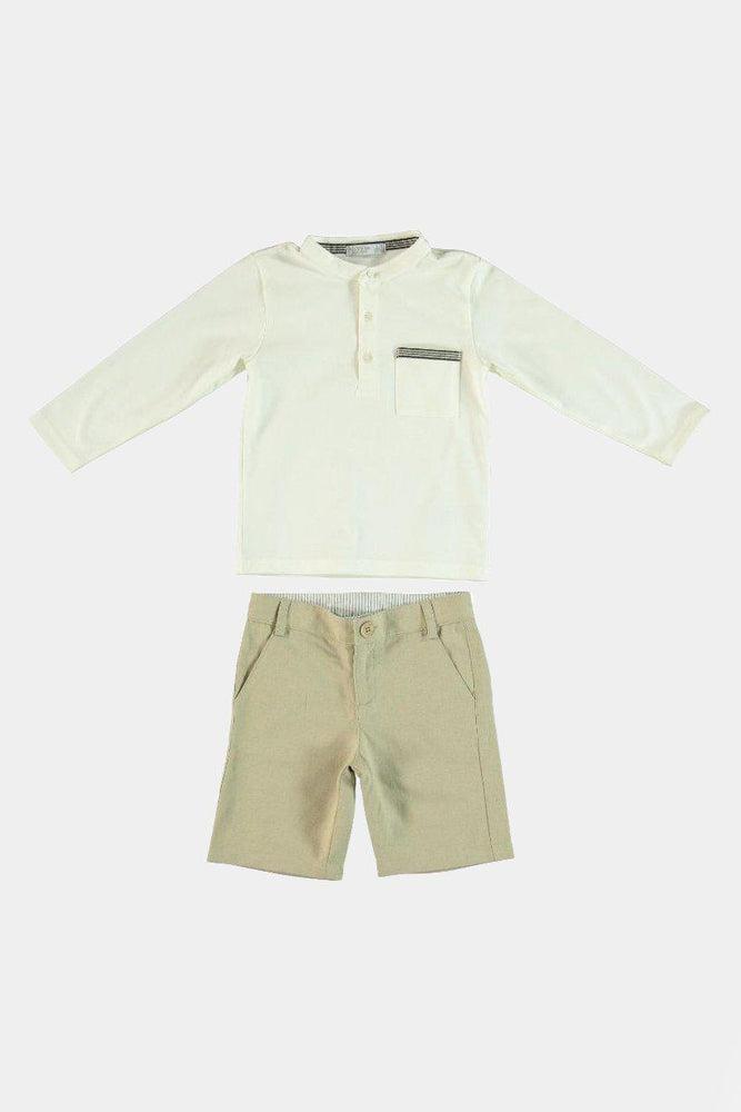 Grandad Collar Beige Baby Boy Shorts Set-SinglePrice