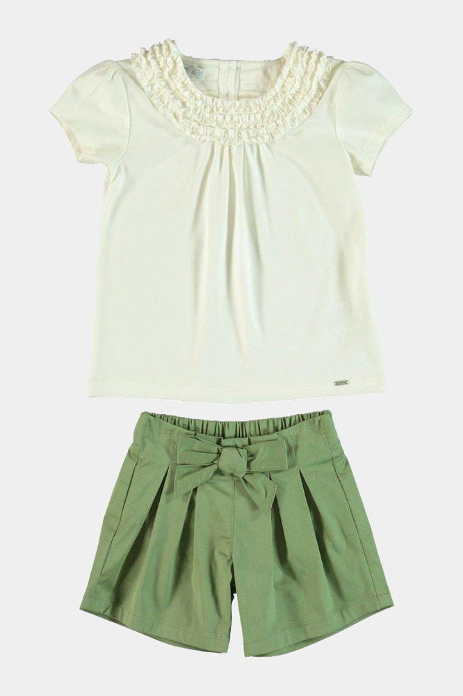 100% Cotton with Elastane White Frill Top And Green Bow Shorts Girls Set - SinglePrice