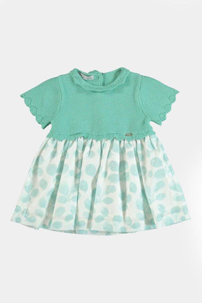 Green Knitted Top Leaves Print Girl Dress-SinglePrice