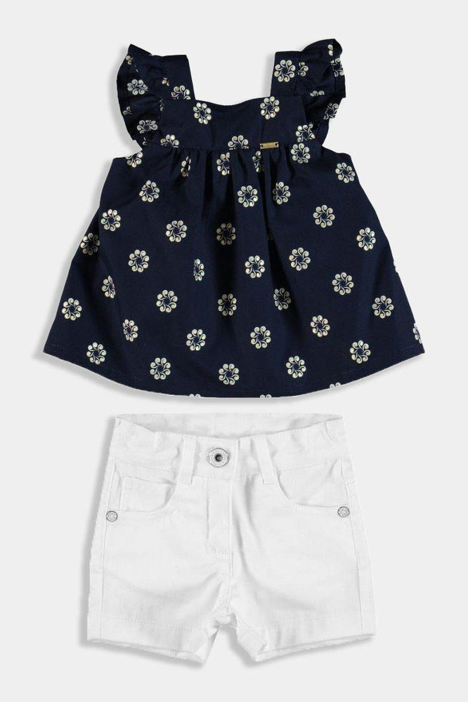 White Denim Shorts And Navy Floral Top Baby Girl Set - SinglePrice