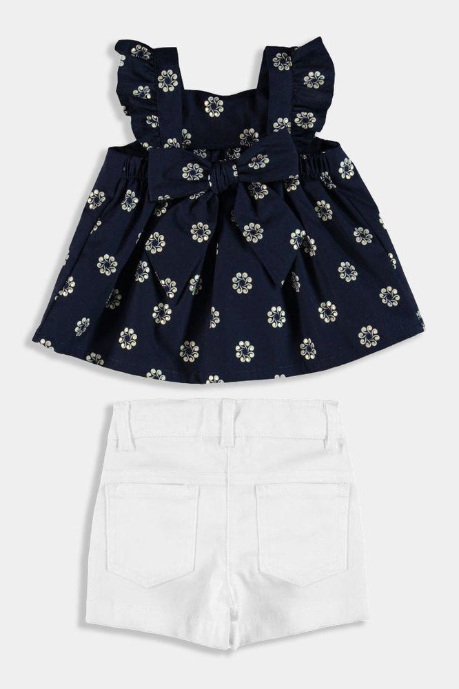White Denim Shorts And Navy Floral Top Baby Girl Set - SinglePrice