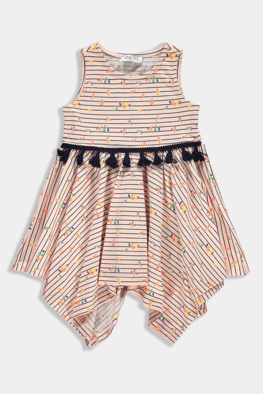 Salmon Tiny Birds Print Handkerchief Tasselled Kids Girl Dress - SinglePrice