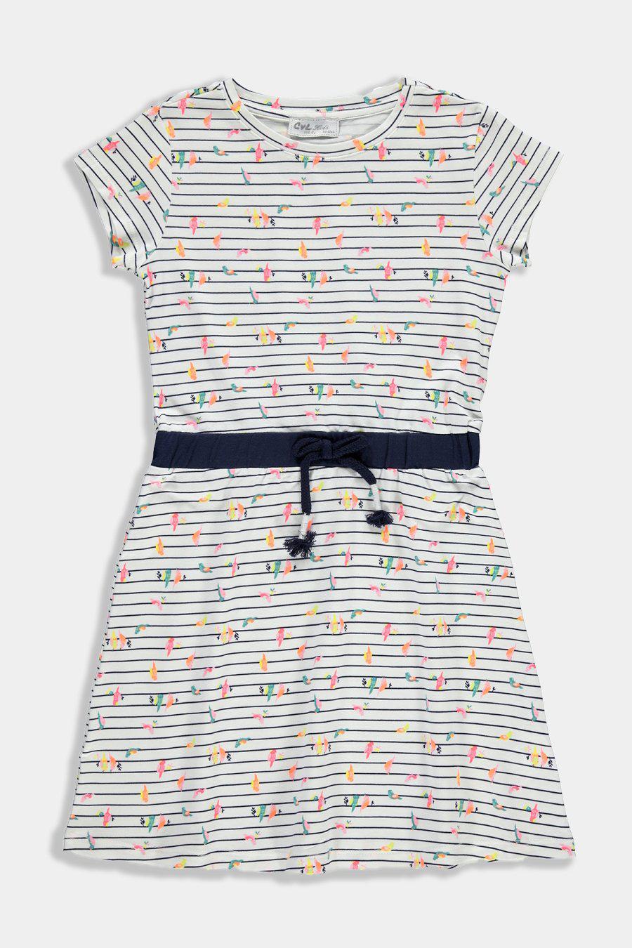 Cream Tiny Birds Print Drawstring Waist Kids Girl Dress - SinglePrice