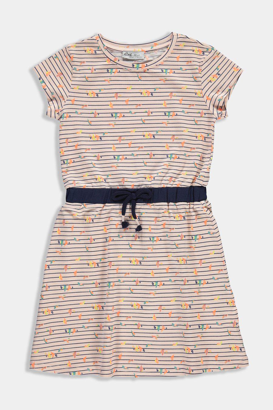 Salmon Tiny Birds Print Drawstring Waist Kids Girl Dress - SinglePrice