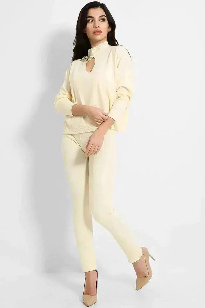 Beige Cut Out Neck Chain Detail Pullover And Leggings Set-SinglePrice