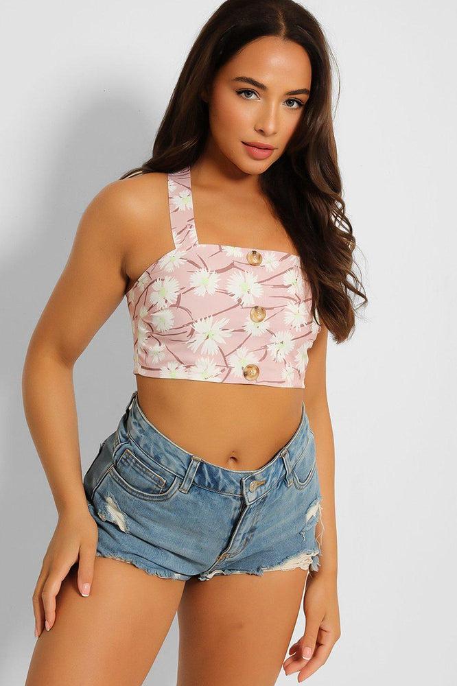Pink Daisy Print Cropped Bralette Top-SinglePrice