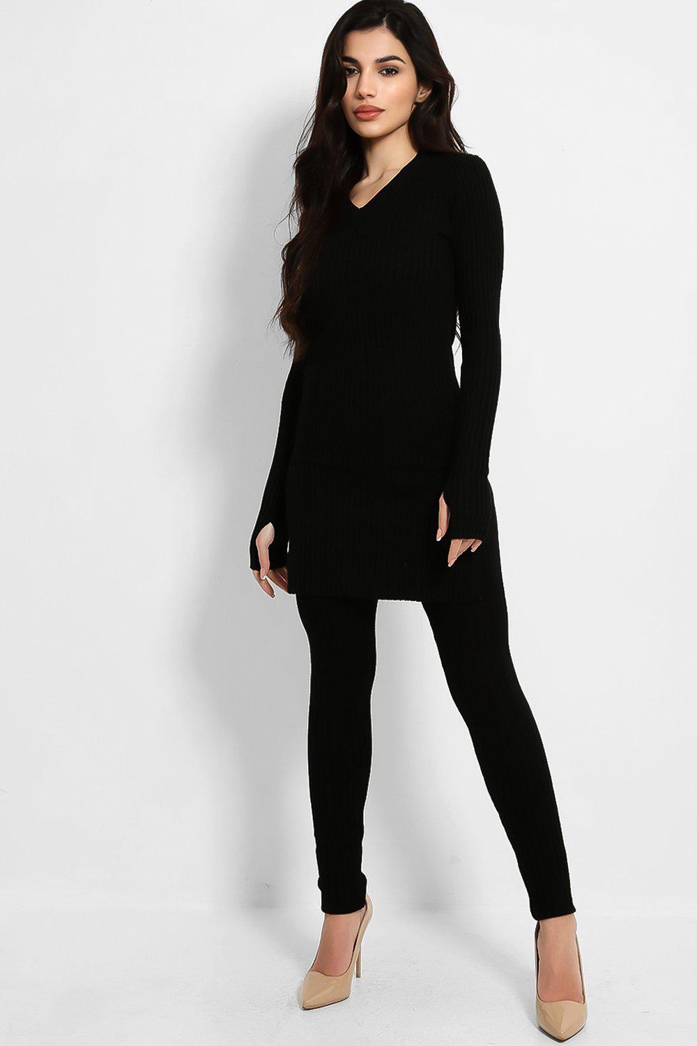 Black Ribbed Knit Long Tunic And Leggings Set-SinglePrice