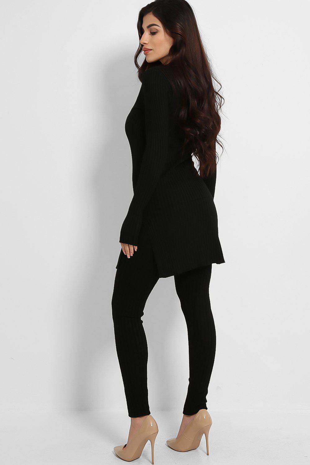 Black Ribbed Knit Long Tunic And Leggings Set-SinglePrice
