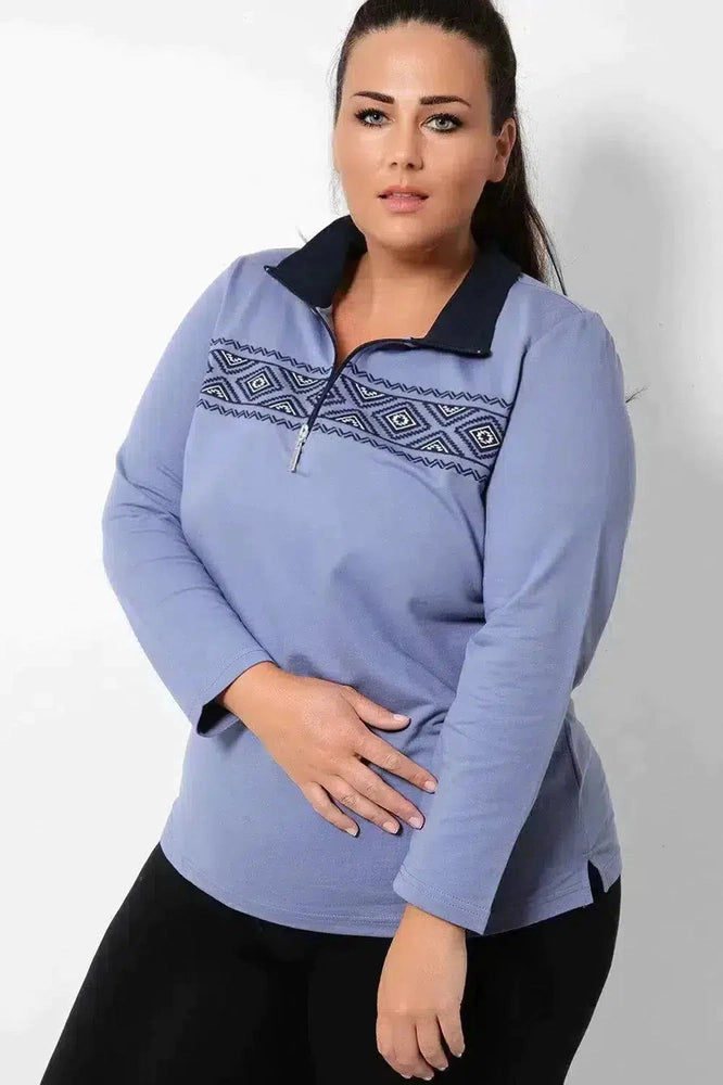 Navajo Embroidery Lilac Half-Zip Sweatshirt-SinglePrice