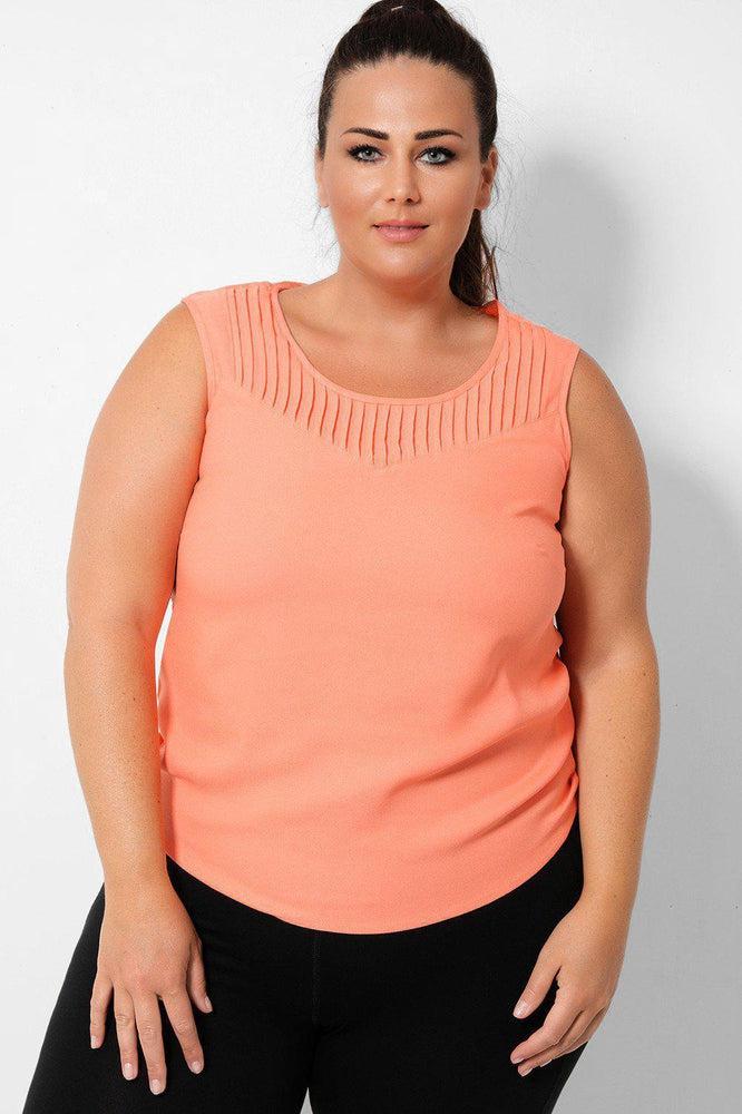 Coral Pleated Neck Detail Sleeveless Top-SinglePrice