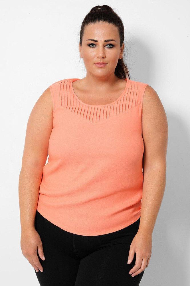 Coral Pleated Neck Detail Sleeveless Top-SinglePrice